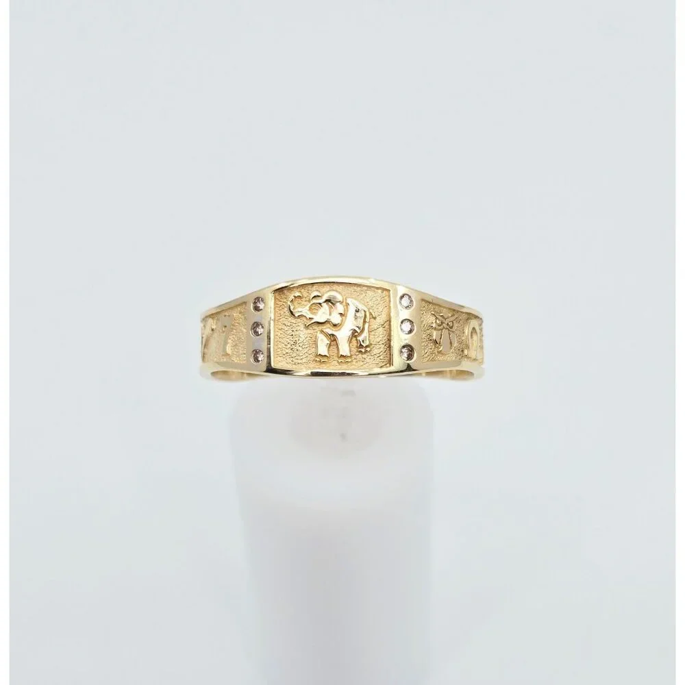 Unique 14K Karat Solid Yellow Gold Designer Lucky Symbols CZ Ring - Size 14